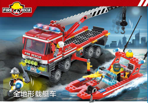 Fire Rescue Fire Boat Crane Truck Fireman Assemble Model Building Blocks Minifigures Kids