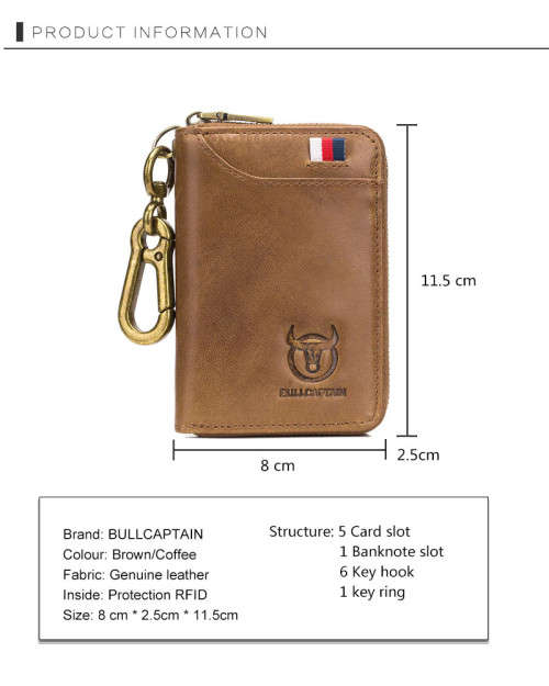 BULLCAPTAIN Genuine Leather Men&Women Key Wallet Unisex RFID Blocking (DARK BROWN) (KB 474)