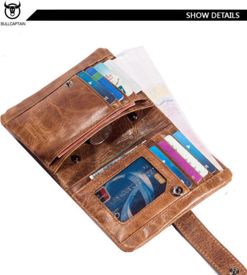 Genuine Leather BULLCAPTAIN 2019 Trifold Hasp Zipper Short Wallets for MEN(BROWN)