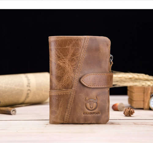 Genuine Leather BULLCAPTAIN 2019 Trifold Hasp Zipper Short Wallets for MEN(BROWN)