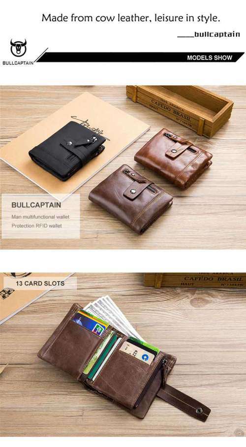 BULL CAPTAIN wallet men genuine leather vertical card package buckle (COFFEE) (QB04)