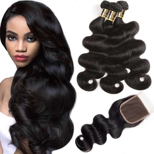16 INCHES, 16inch*3 +14inch(Closure) Brazilian Hair Weave Bundles With Closure Non Remy Human Hair B