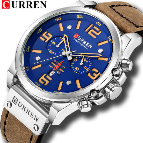 CURREN Genuine Leather Mens Watches Top Luxury Brand Waterproof Sport Wrist Watch Chronograph Quartz