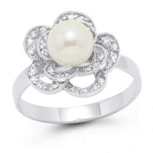 Sterling Silver Cz Bridal Rose Pearl Ring