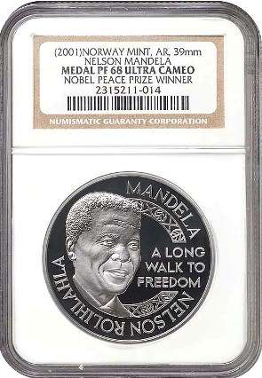 2 Coins.  PF68 Mandela Proof Sterling Silver Medallion One Ounce Plus a Mandela 90th Birthday R5