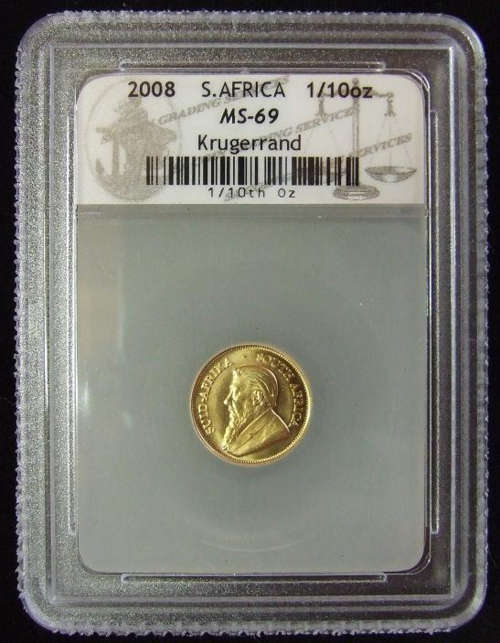 Mint State 69  Kruger Rand 22 Carat Gold Coin Year 2008.Solid Gold Bullion.  Graded and Slabbed