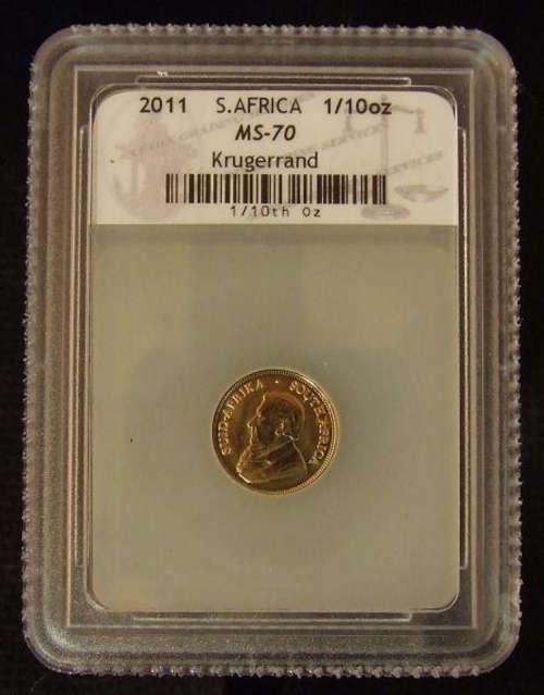Mint State 70 2011 Kruger Rand 22 Carat Gold Coin.Solid Gold Bullion.  One Tenth  The Highest Grade
