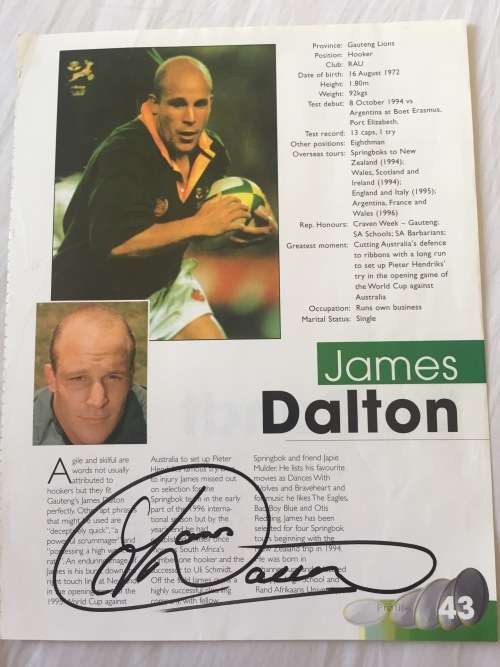 Autograph of Springbok Rugby Legend James Dalton