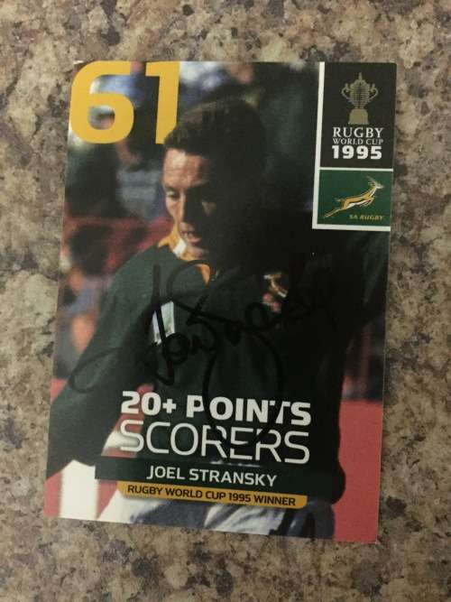 Autographed rugby card of 1995 Legend Joel Stransky