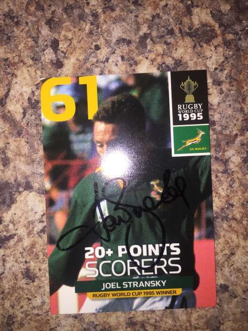 Autographed rugby card of 1995 Legend Joel Stransky