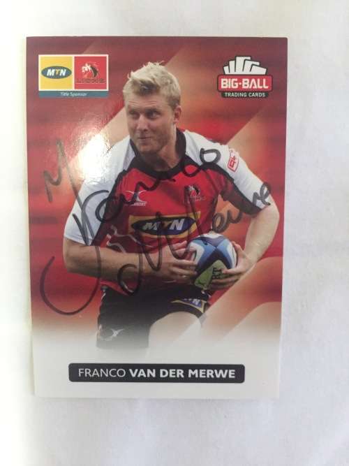 Autographed rugby card of Lions Franco van der Merwe