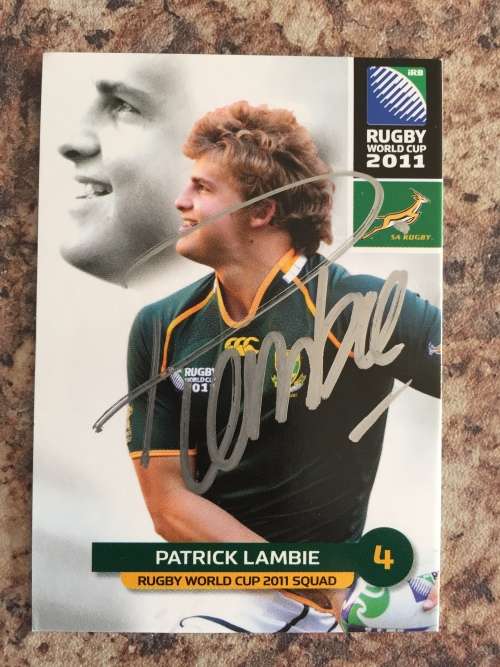 Autographed rugby card of Springbok and Sharks player Pat Lambie