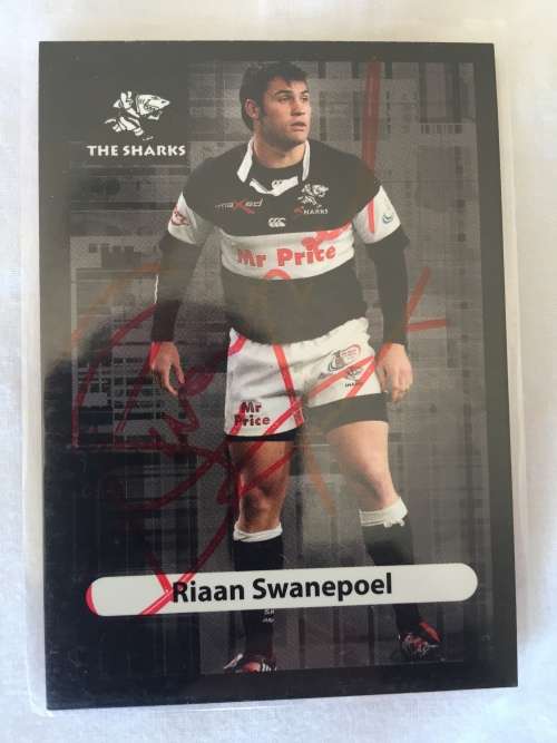 Autographed rugby card of Sharks player Riaan Swanepoel