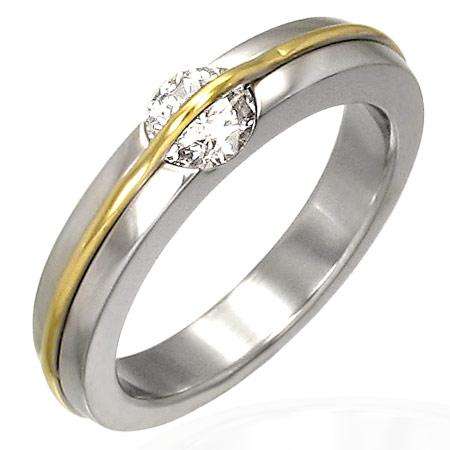 Stainless Steel 2-tone Burnish-Set Band Ring w/ CZ, size 7