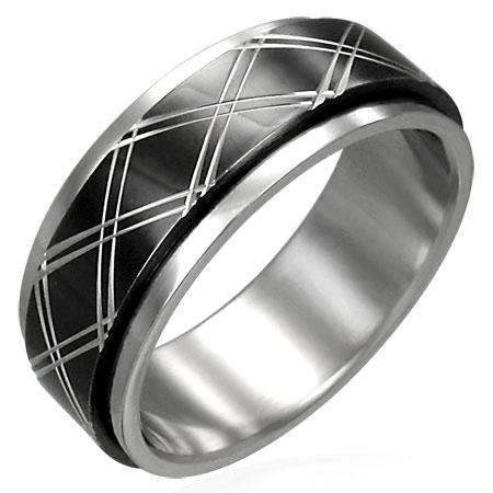 Stainless Steel 2-tone Cris-Cross Diagonal Spinner Ring, size 11