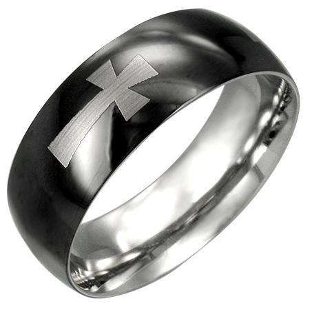 Glossy Black Coated Stainless Steel Cross Half-Round Band Ring, size 11