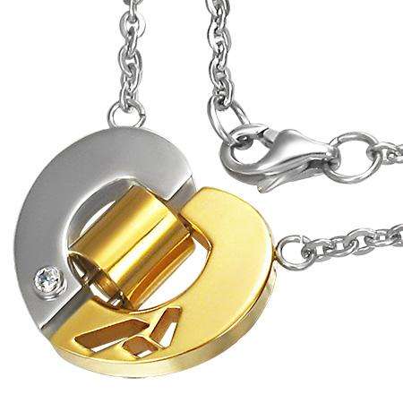 Stainless Steel 2-tone 3D Tube Fancy Heart Charm Necklace w/ CZ