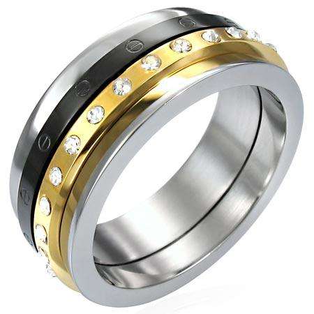 Stainless Steel 3-tone Double-Spinner Concave Ring w/ CZ, size 9
