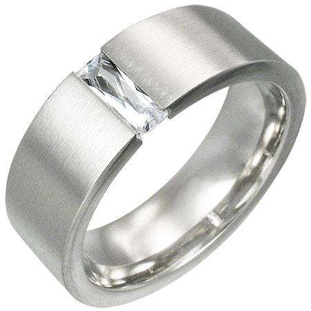 High Quality Stainless Steel Satin Finished Tension-set Ring w/ simulated diamond. Size 10.5