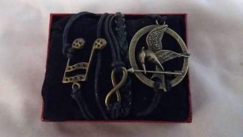 Black Strap with Infinity, Music Note & The Hunger Games Mocking Jay Charm Bracelet