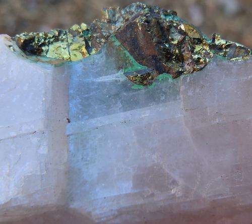 Katanga region chalcopyrite crystals on calcite crystal cluster-democratic republic congo-39g