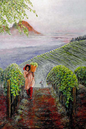 Michael Durst's "HARVEST AT DAWN"  Impressionism Painting of Vineyard and Its Workers