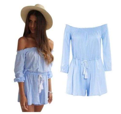 2017 Spring Blue Sexy Off Shoulder Striped Women Romper - Large
