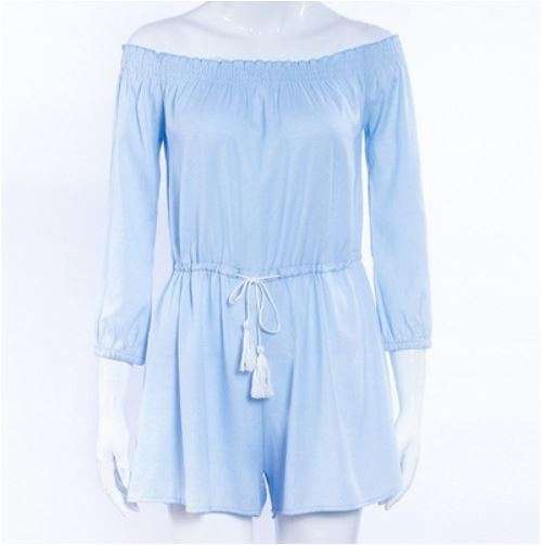 2017 Spring Blue Sexy Off Shoulder Striped Women Romper - Large