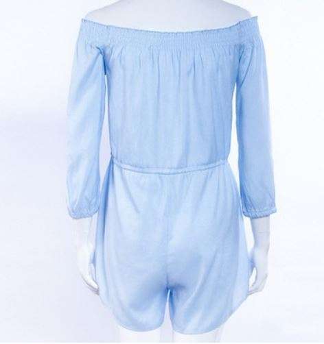 2017 Spring Blue Sexy Off Shoulder Striped Women Romper - Large