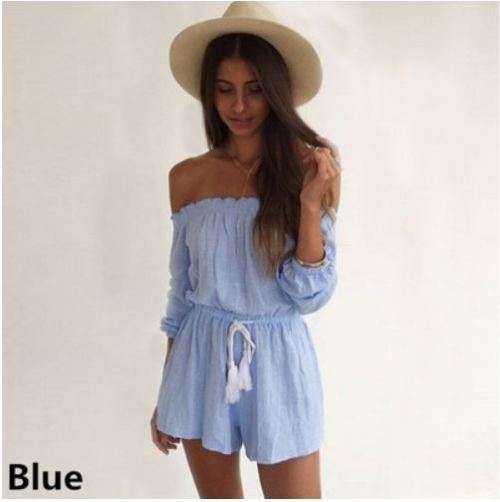 2017 Spring Blue Sexy Off Shoulder Striped Women Romper - Large