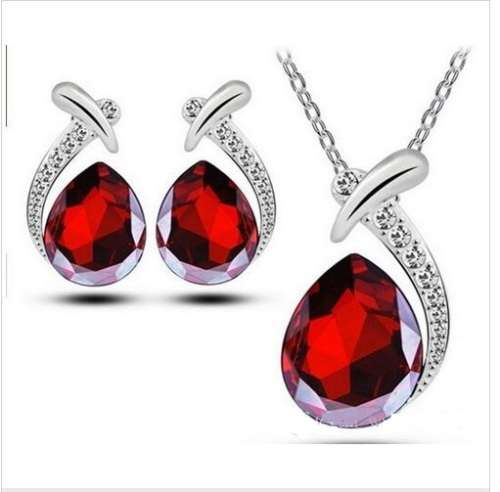 Exquisite Austrian Crystal Droplets Necklace Earrings Jewelry Set - Red
