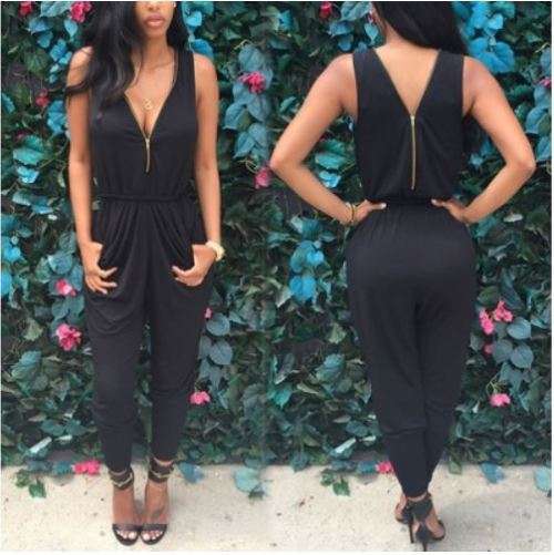 Black Clubwear Casual Romper Jumpsuit Dress Party V Neck Pants - XL