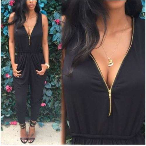 Black Clubwear Casual Romper Jumpsuit Dress Party V Neck Pants - XL