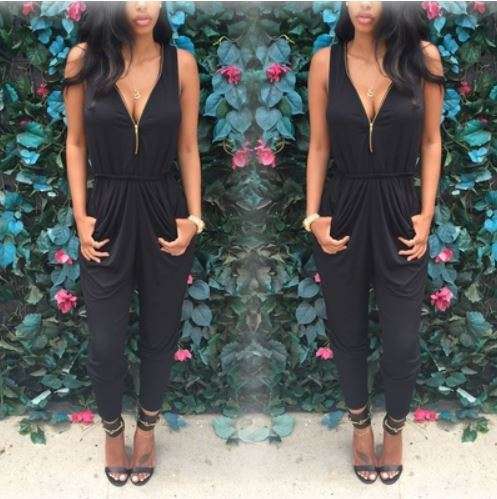 Black Clubwear Casual Romper Jumpsuit Dress Party V Neck Pants - XL