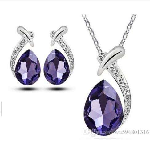 Exquisite Austrian Crystal Droplets Necklace Earrings Jewelry Set - Blue