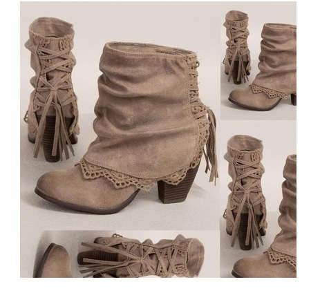 Fashion Women Casual Sexy High Heels Pointed Toe Lace Patchwork Lace Up Buckled Boots Casual Shoes B