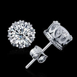 ***CREATED SIM DIAMOND PLATINUM PLATED CROWN STUD EARRINGS***