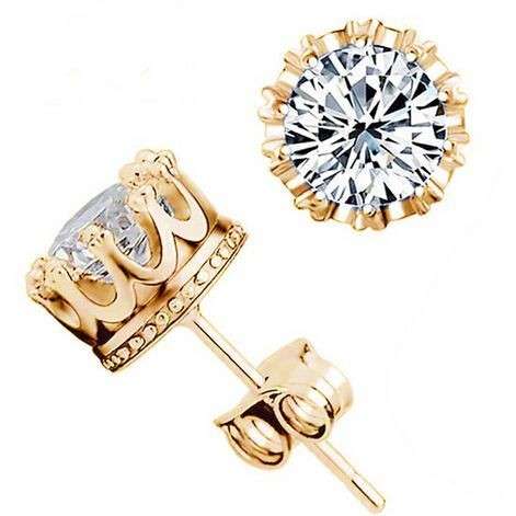***CREATED SIM DIAMOND YELLOW GOLD PLATED CROWN STUD EARRINGS***