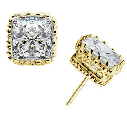 ***CREATED SIM DIAMOND YELLOW GOLD PLATED CROWN STUD EARRINGS***