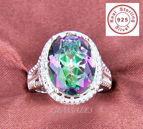 SOLID 925 STERLING SILVER ~ 9.32 CARAT GENUINE NATURAL RAINBOW TOPAZ* Size 7 3/4 - P *