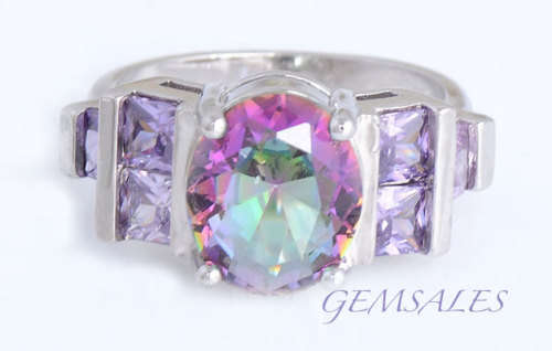 *** NEW ARRIVAL *** 925 OVAL MYSTIC TOPAZ RING WITH AMETHYST ~ SIZE  8