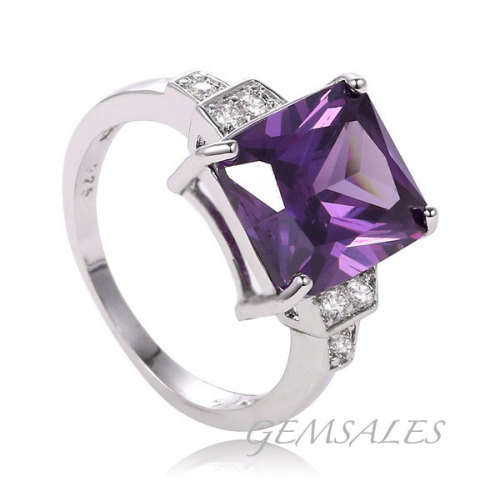 ELEGANT STYLE EMERALD CUT AMETHYST CZ RING ***S925***    SIZE 7