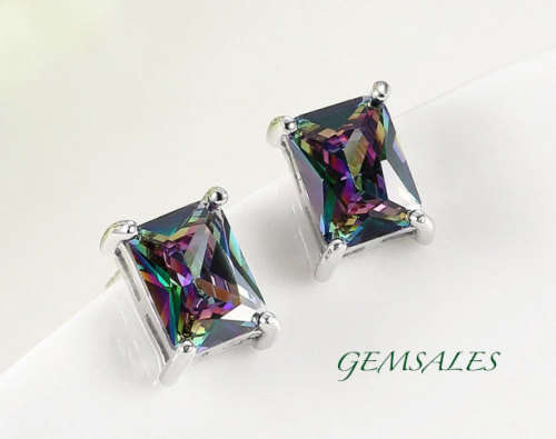 EMERALD CUT MYSTIC TOPAZ EARRINGS *18KRGP *