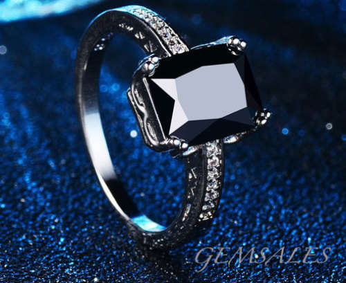 EMERALD CUT BLACK CUBIC ZIRCONIA RING WITH MICRO INLAY #STAMPED S925#  * SIZE 7 3/4 - P (56mm) *