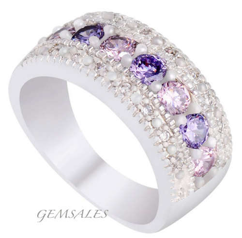 AMETHYST & PINK CZ RING WITH MICRO INLAY *925*  -  SIZE 6
