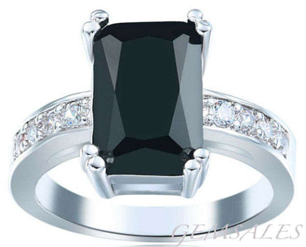 EMERALD CUT BLACK CUBIC ZIRCONIA RING WITH MICRO INLAY *S925*  SIZE 7 3/4 - P (56mm) *