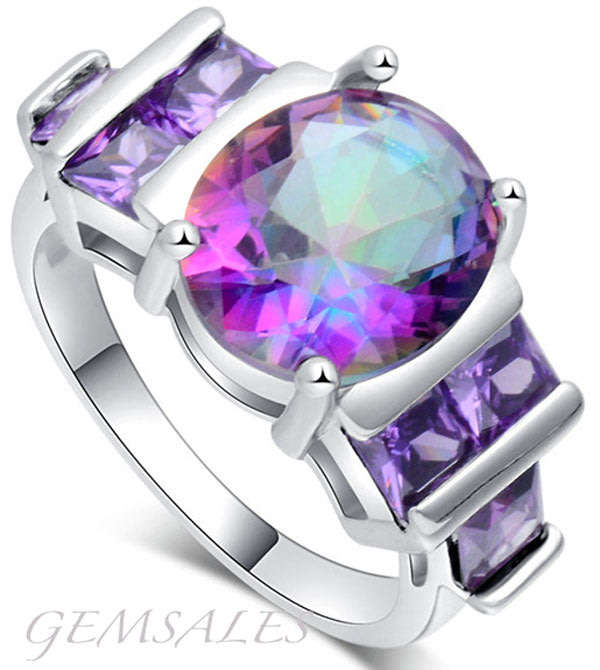 EXQUISITE OVAL MYSTIC TOPAZ WITH AMETHYST CZ *S925*  -  SIZE  8.75  - R - 59mm
