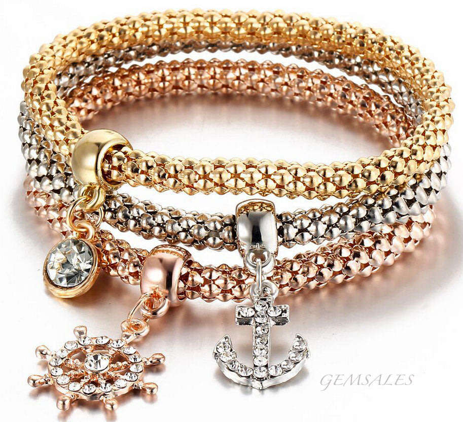 HOT FASHION !!!  MESH CHARM BRACELETS - SET OF 3 - SILVER, GOLD & ROSE GOLD