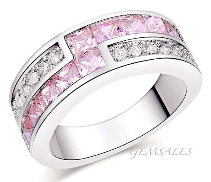 SIMULATED DIAMOND RING & PINK TOPAZ INLAY  *S925*   SIZE    5.75  -  L 1/2  -  51mm