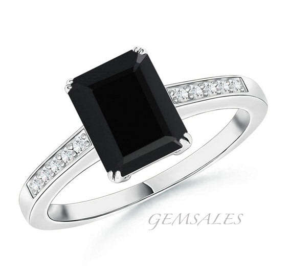 EMERALD CUT BLACK CUBIC ZIRCONIA RING WITH MICRO INLAY *S925*  SIZE 7 3/4 - P (56mm) *